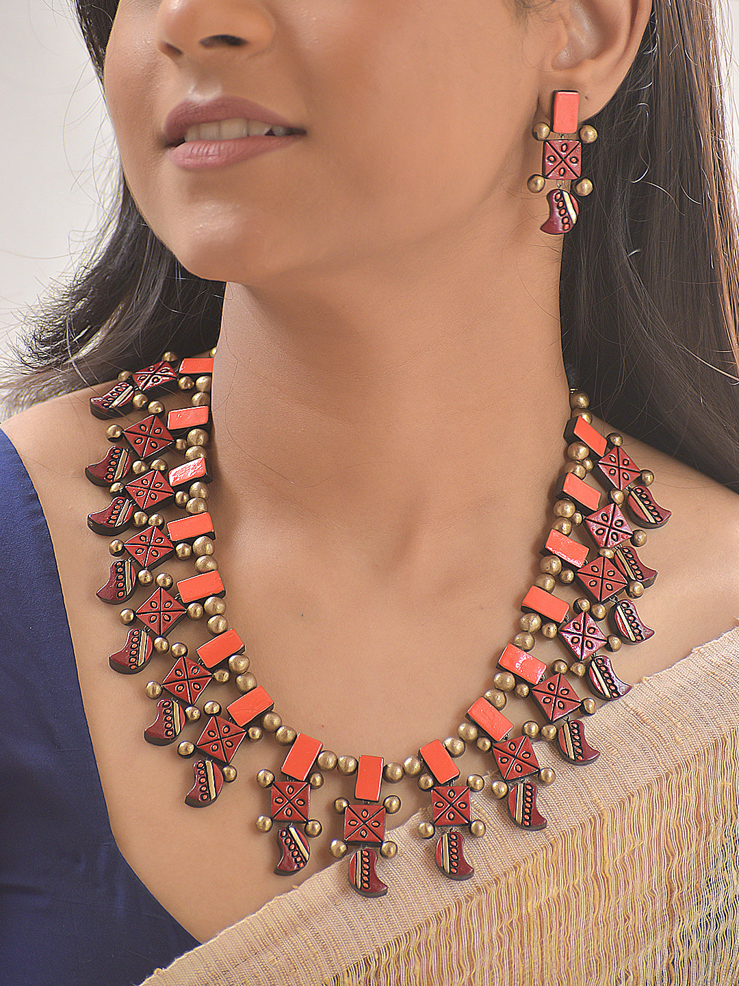 Terracotta Geometric Folk Motif Necklace with Red, Orange and Antique Gold Bead Accents With Earrings