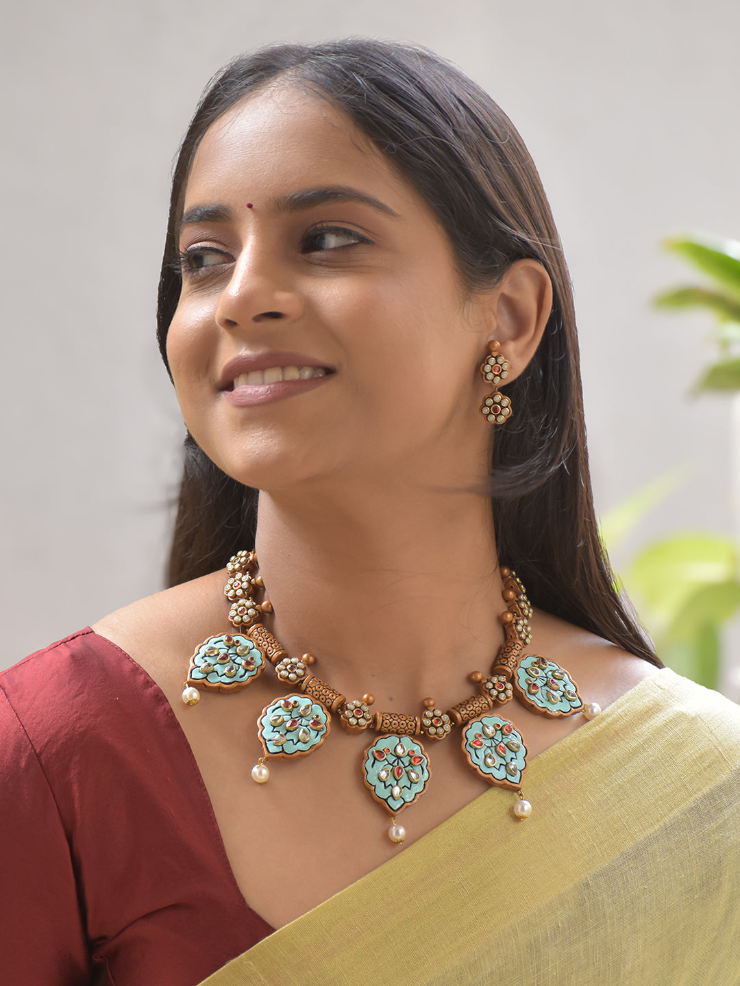 Terracotta Sky Blue Floral Statement Necklace Set with Pearls Drop Earrings