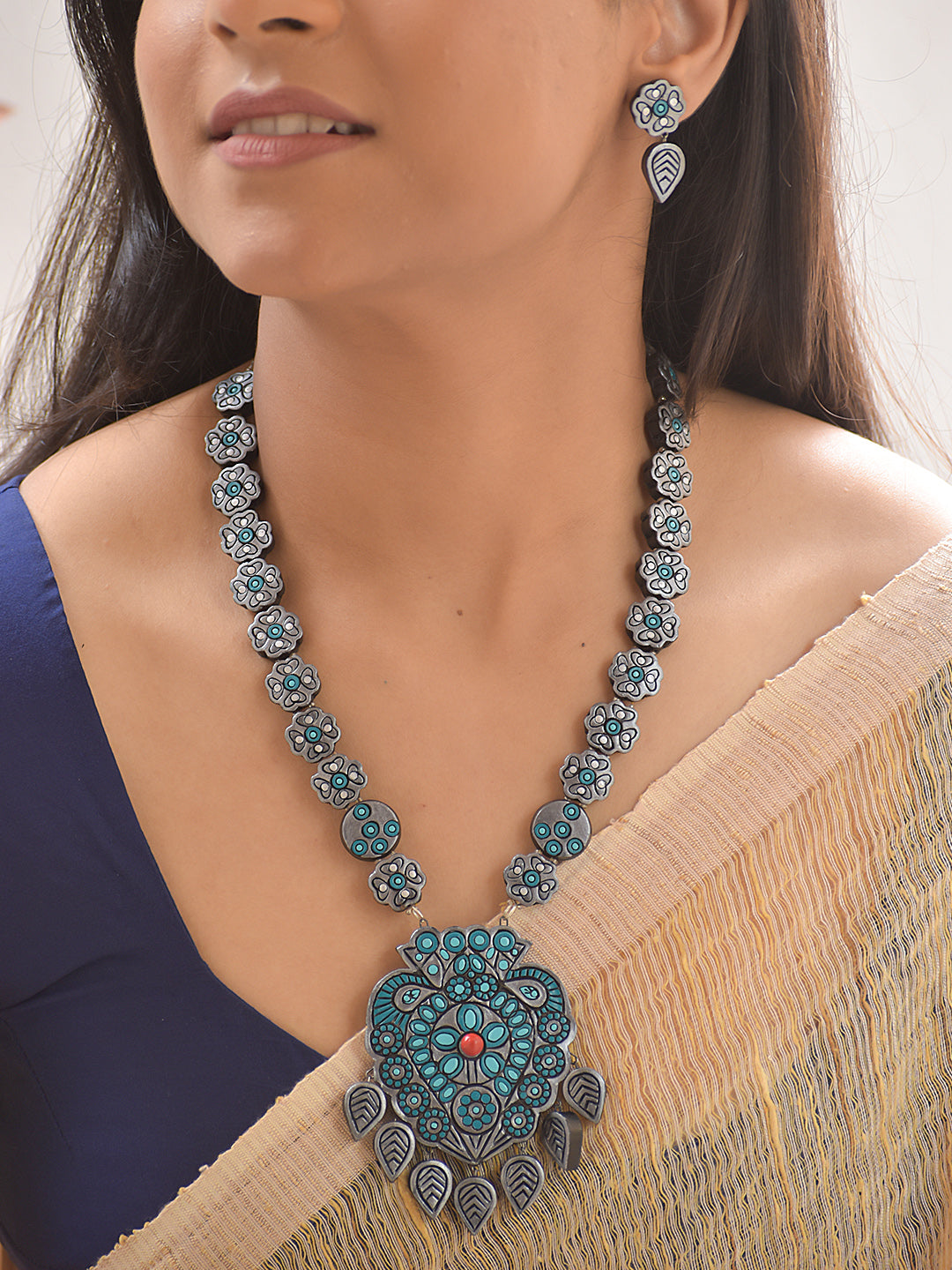 Terracotta Floral Pendant Necklace with Leaf Drops With Earrings