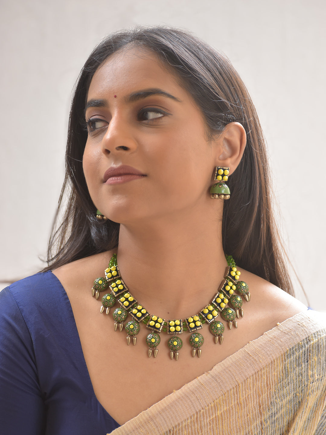 Terracotta Geometric Floral Necklace with Yellow, Green, Antique Gold Bead Design Accents With Jhumkas