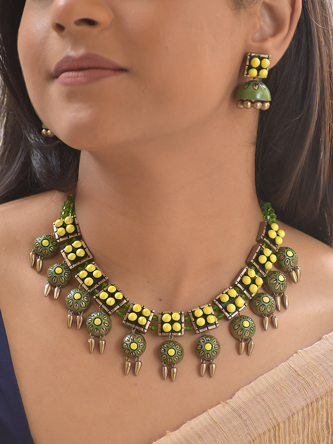 Terracotta Geometric Floral Necklace with Yellow, Green, Antique Gold Bead Design Accents With Jhumkas