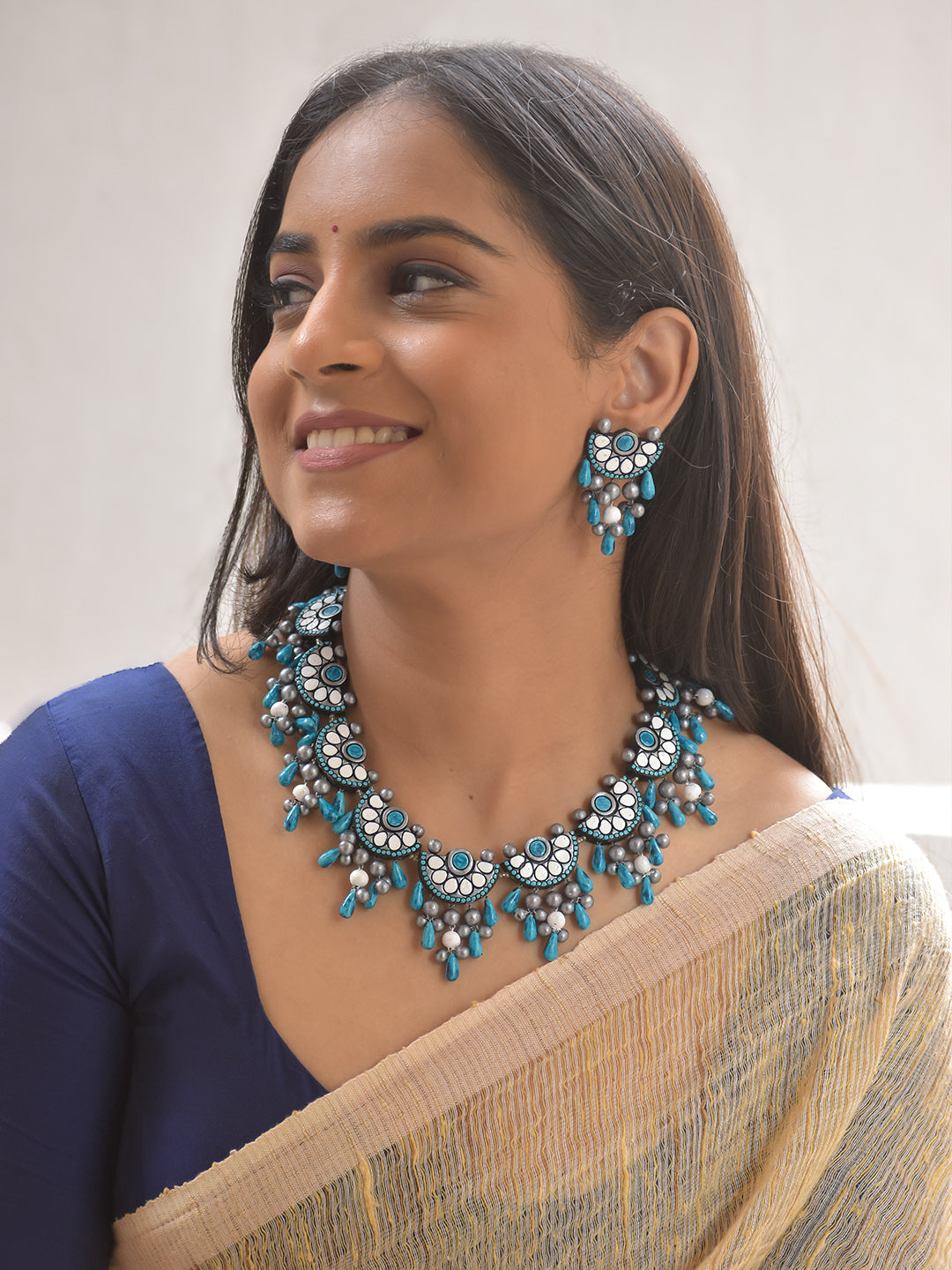 Chandramukta — Terracotta Crescent Shaped Necklace with Blue and White Teardrop Beads With Earrings