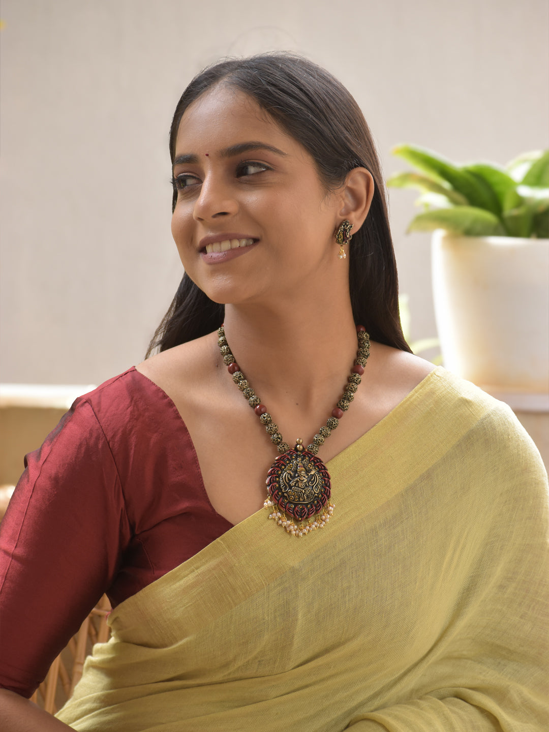 Lord Krishna Pendant Terracotta Necklace Set with Rudraksha Beads Stud Earrings