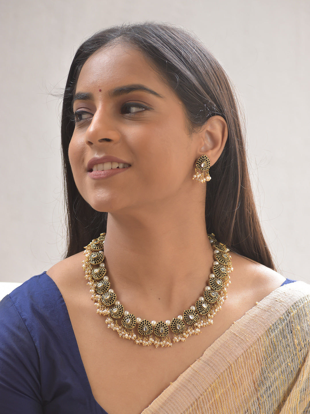 Terracotta Paisley Pearl-Edged Necklace with White Stone Design Accents With Studs