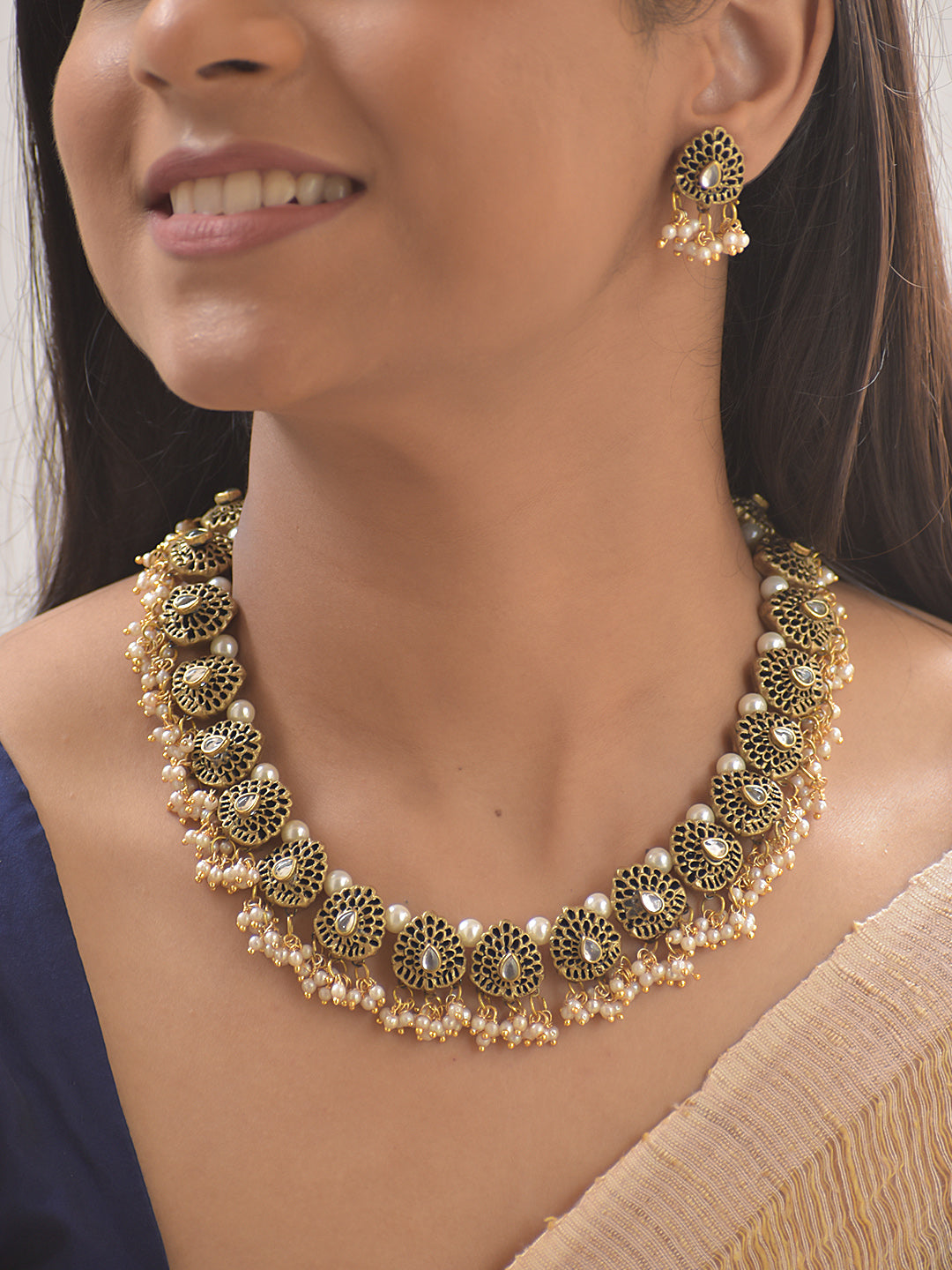 Terracotta Paisley Pearl-Edged Necklace with White Stone Design Accents With Studs