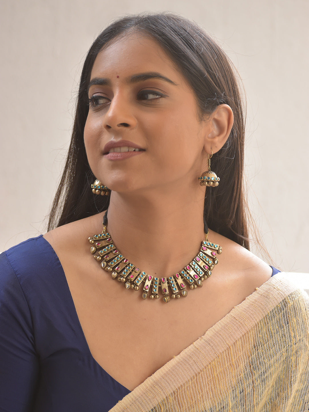 Terracotta Linear Stone-Studded Necklace with White Stone Drop Accents With Hanging Jhumkas