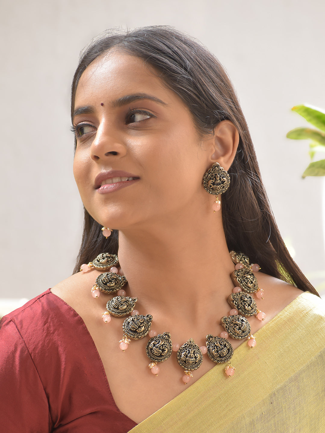 Lakshmi Motifs Terracotta Necklace Set with Rose Beads – Antique Gold Stud Earrings