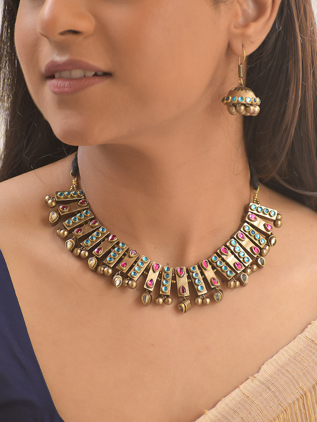 Terracotta Linear Stone-Studded Necklace with White Stone Drop Accents With Hanging Jhumkas