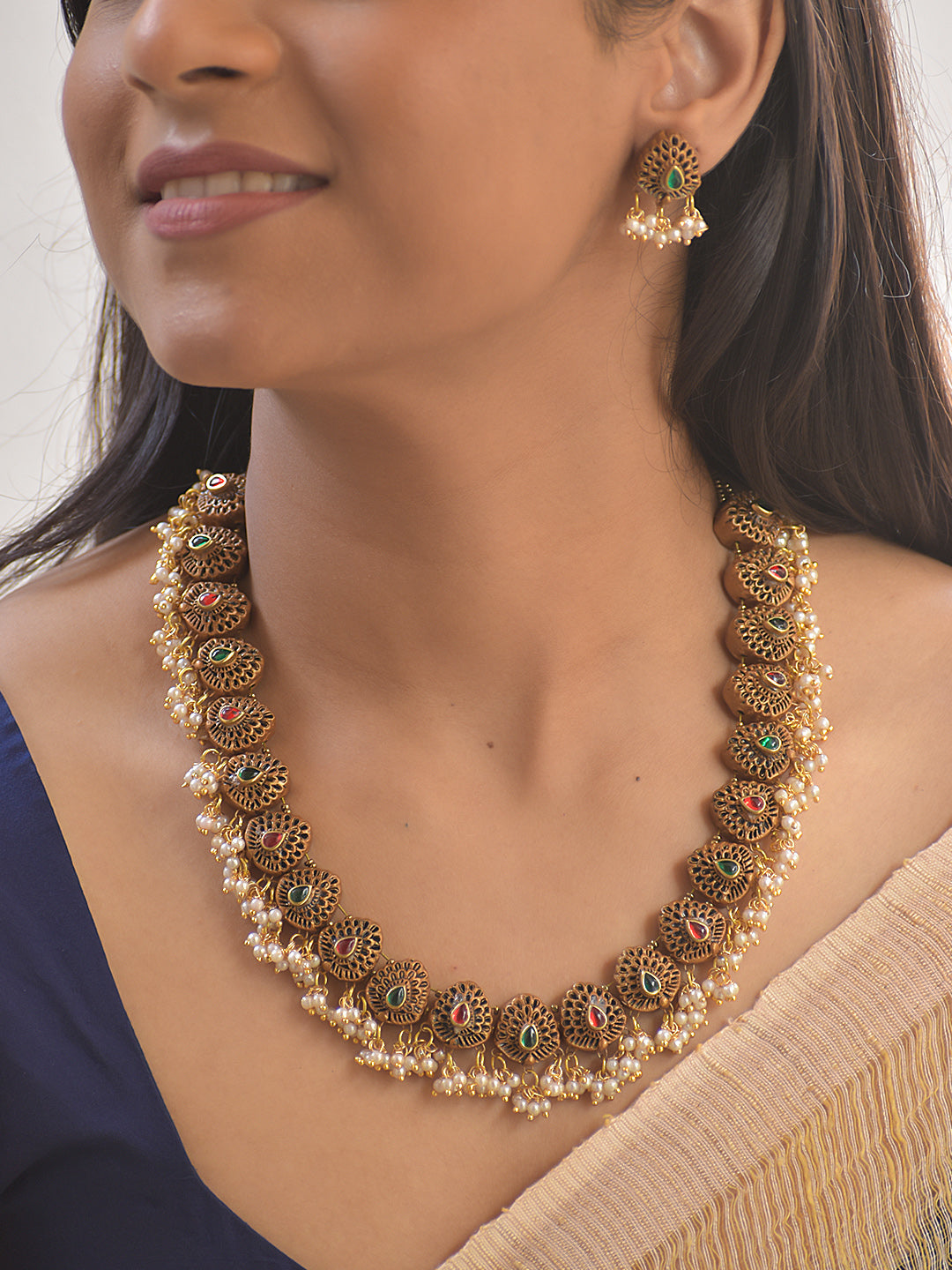 Terracotta Paisley Pearl-Edged Necklace with Red & Green Stone Design Accents With Studs