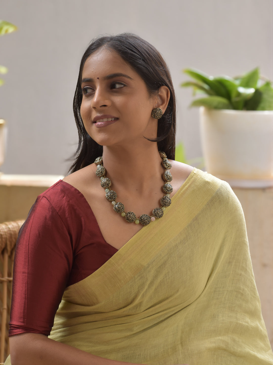 Classic Antique Lakshmi Motifs Terracotta Necklace Set with Pastel Gem Beads – Antique Gold & Mint Green Stud Earrings