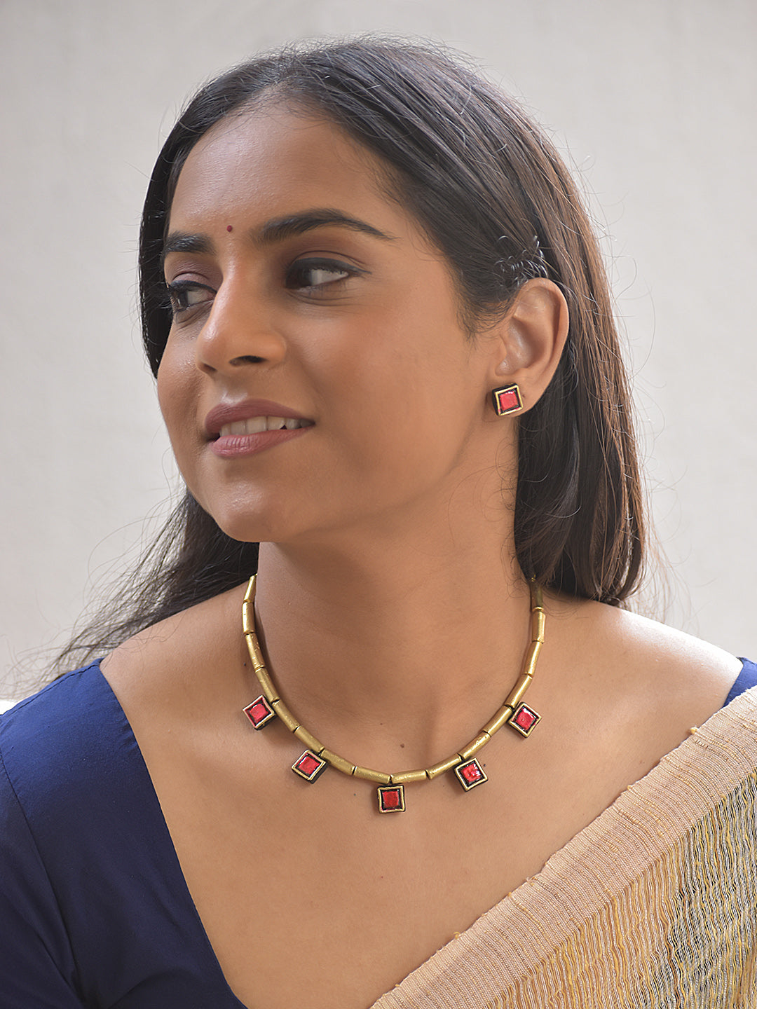 Terracotta Red Square Charm Necklace Set With Studs