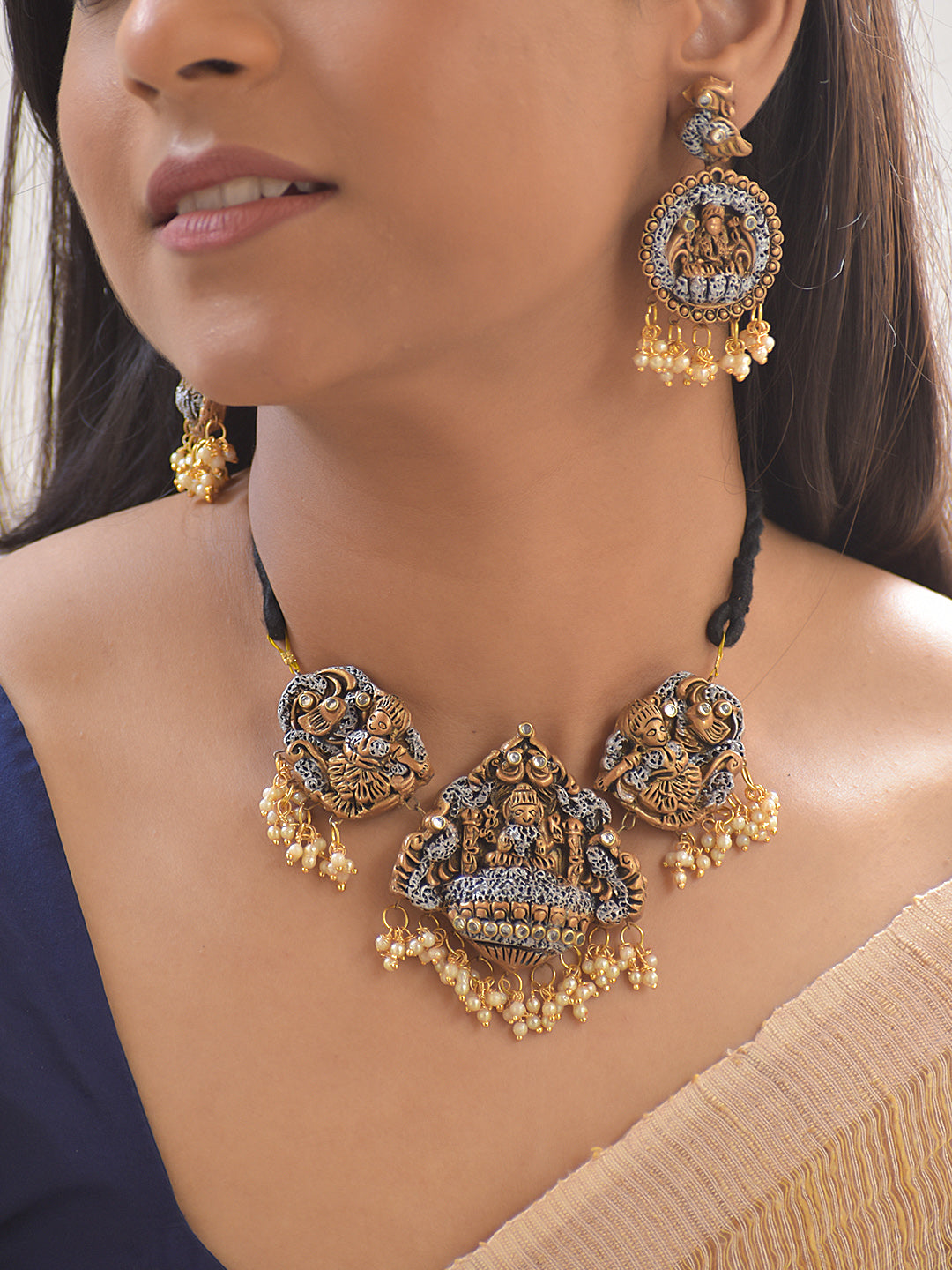 Terracotta Temple Deity Lakshmi Motif Antique Gold Necklace with Pearl Drops With Jhumkas