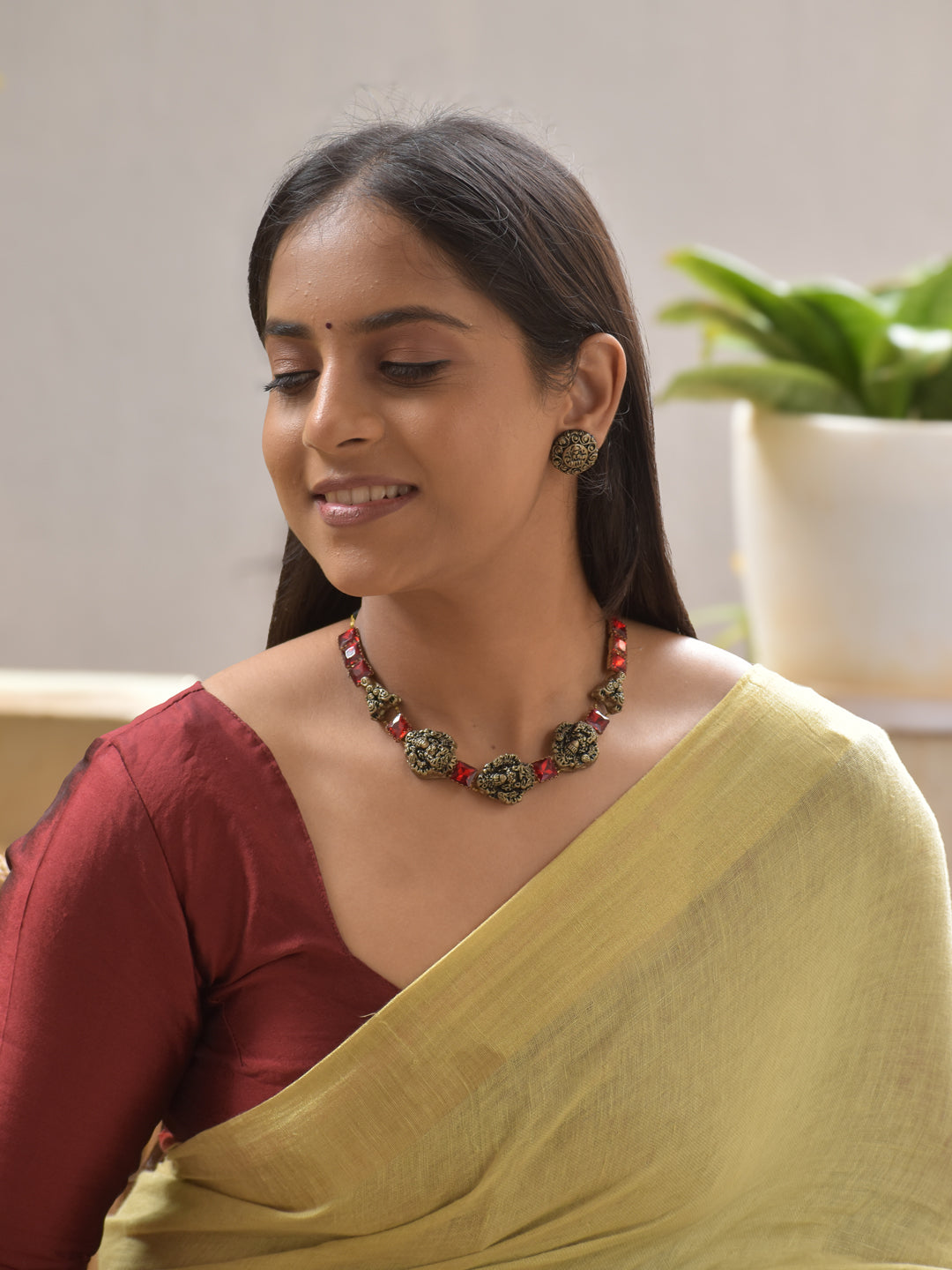 Lakshmi Terracotta Necklace Set with Ruby Red Crystal Accents – Antique Gold Finish Stud Earrings