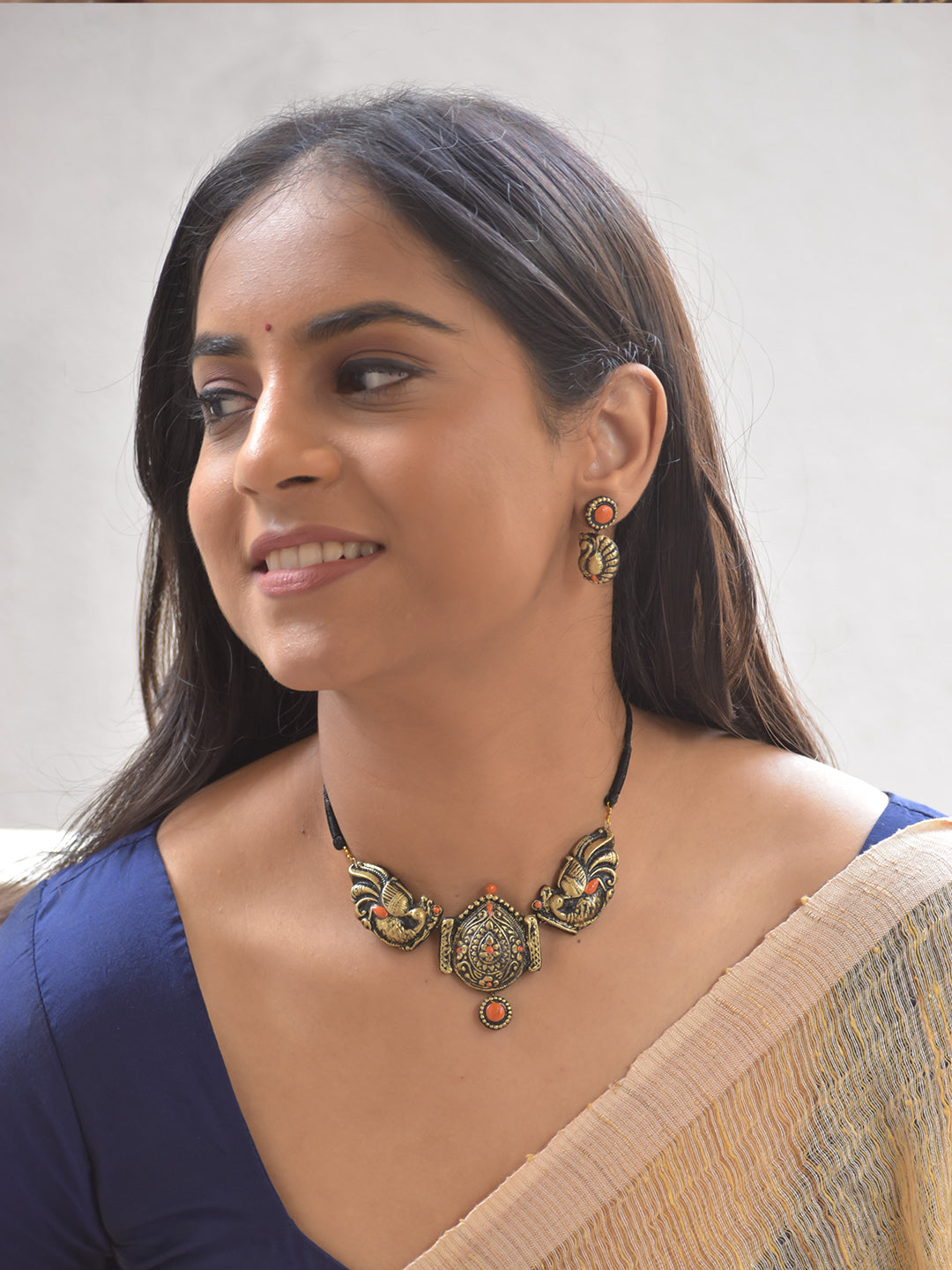 Terracotta Antique Peacock Crest Necklace Set With Jhumkas