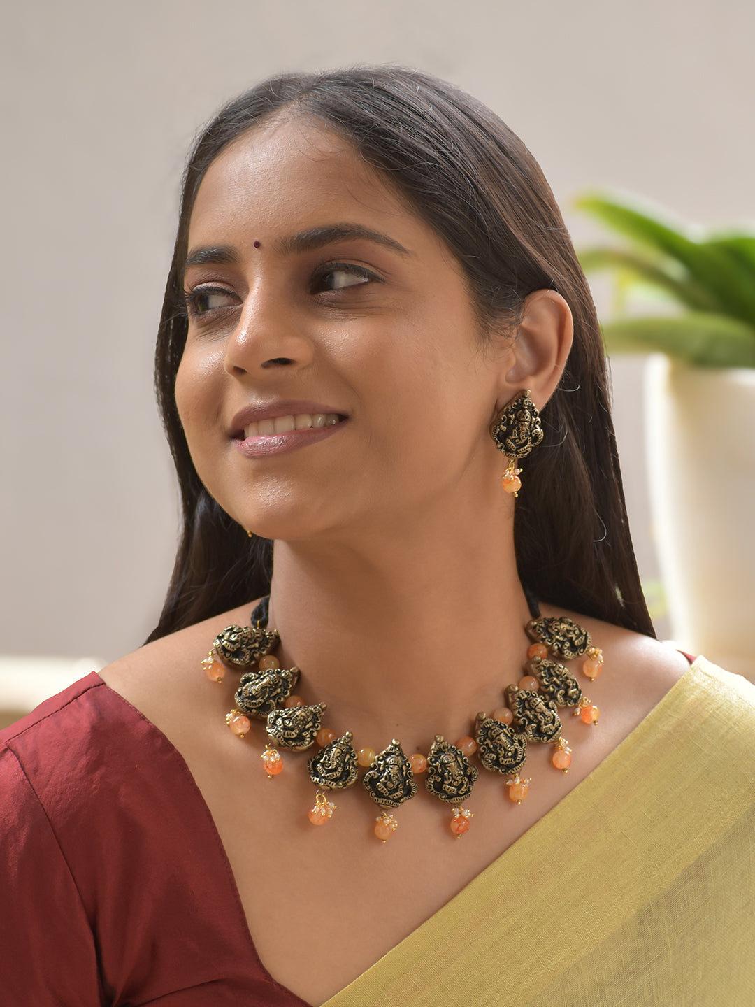 Riddhi-Siddhivinayaka — Lord Ganesha Terracotta Necklace Set with Orange Beads