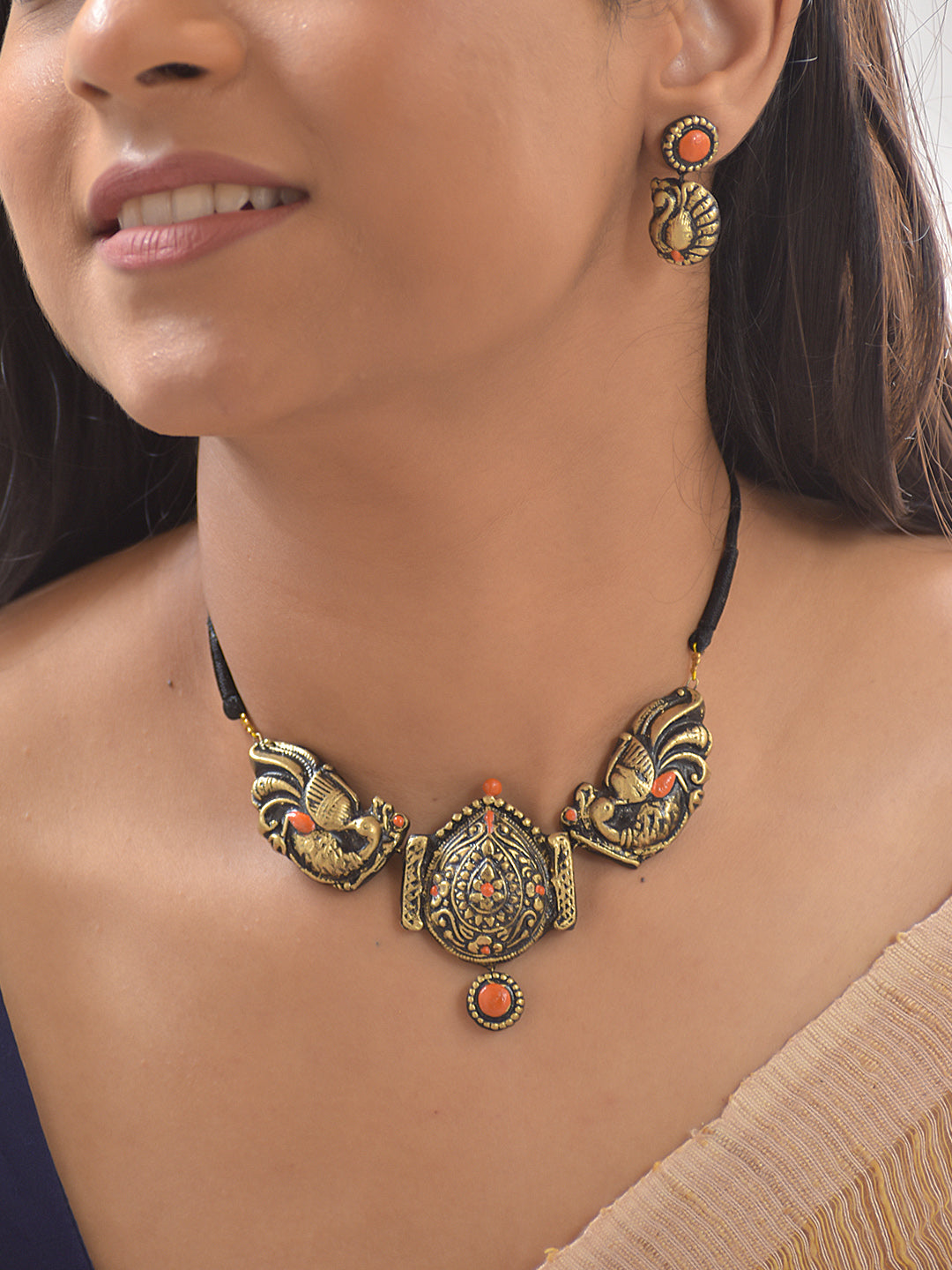 Terracotta Antique Peacock Crest Necklace Set With Jhumkas