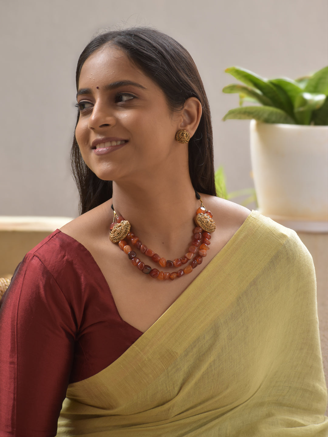Terracotta Peacock Motif Necklace Set with Carnelian Beads – Antique Gold & Amber Tones Lakshmi Stud Earrings