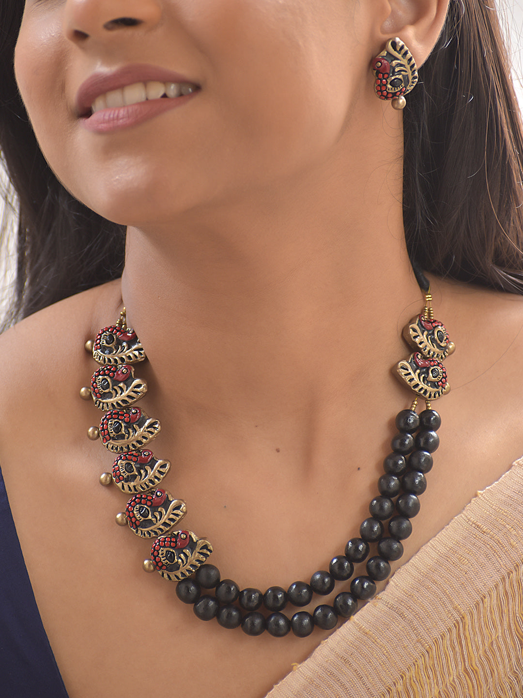 Terracotta Peacock Motif with Antique Gold, Red and Black Bead Necklace Set With Studs