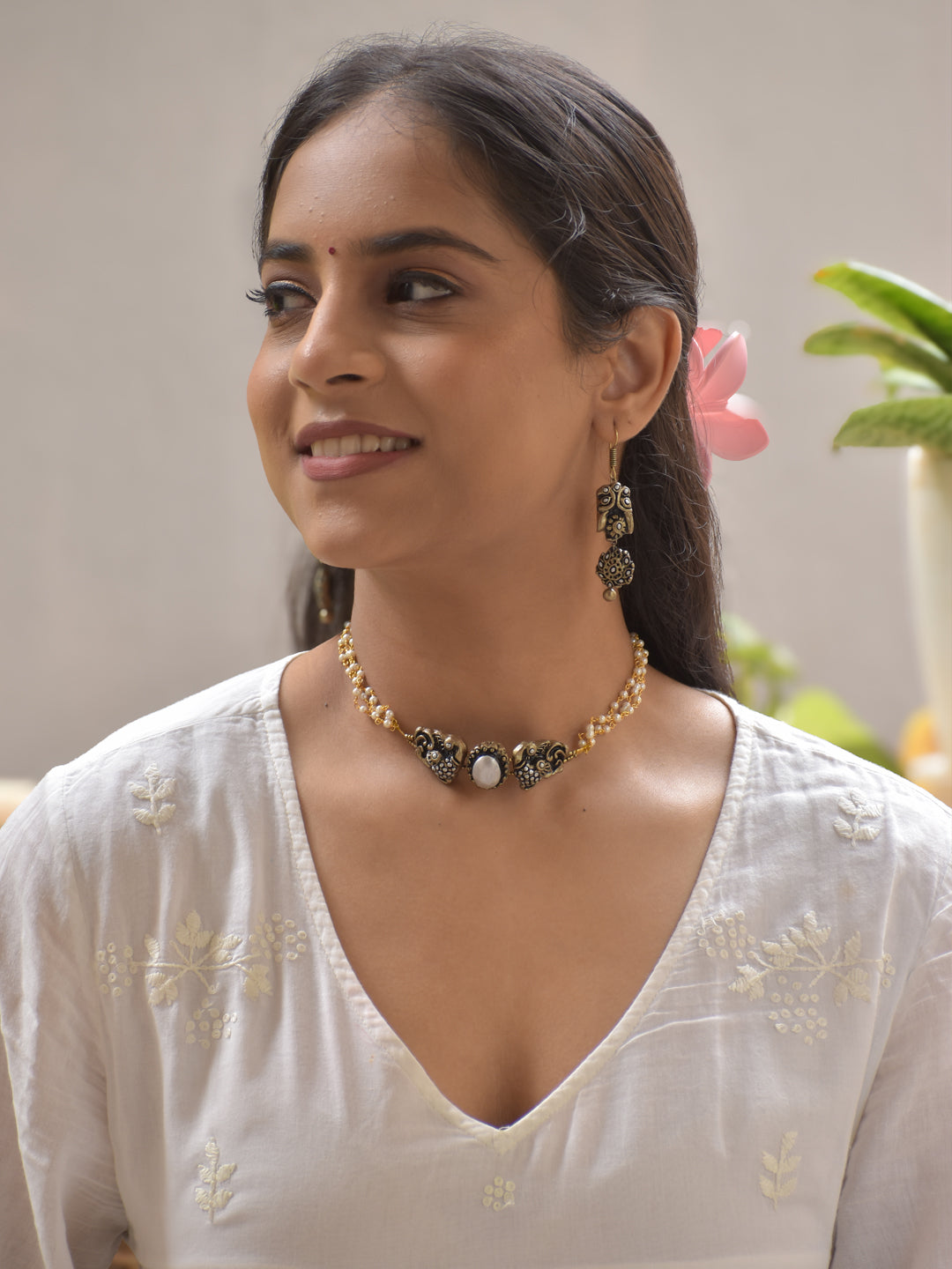 Twin Peacock Terracotta Necklace Set with White Stone & Beaded Strings – Antique Gold Finish