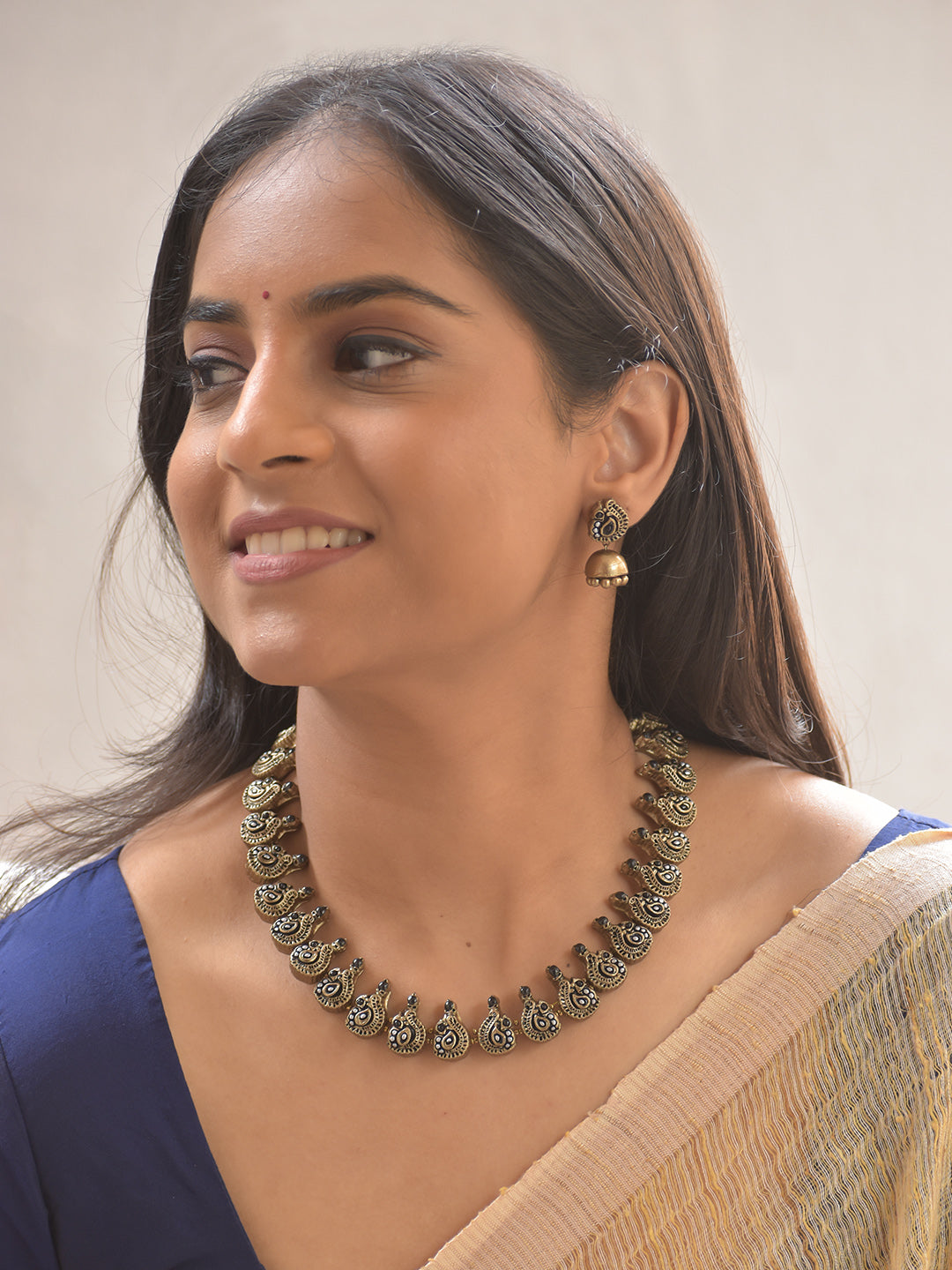 Terracotta Peacock Motif Paisley in Gold, Black, White Necklace Set With Jhumkas