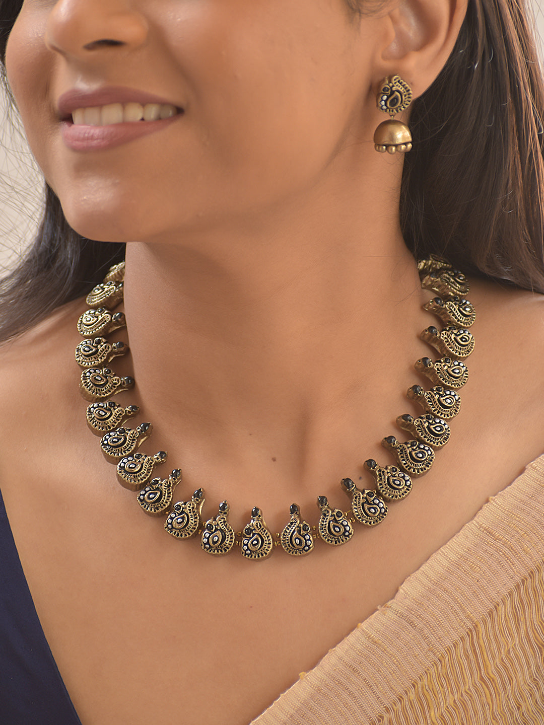 Terracotta Peacock Motif Paisley in Gold, Black, White Necklace Set With Jhumkas