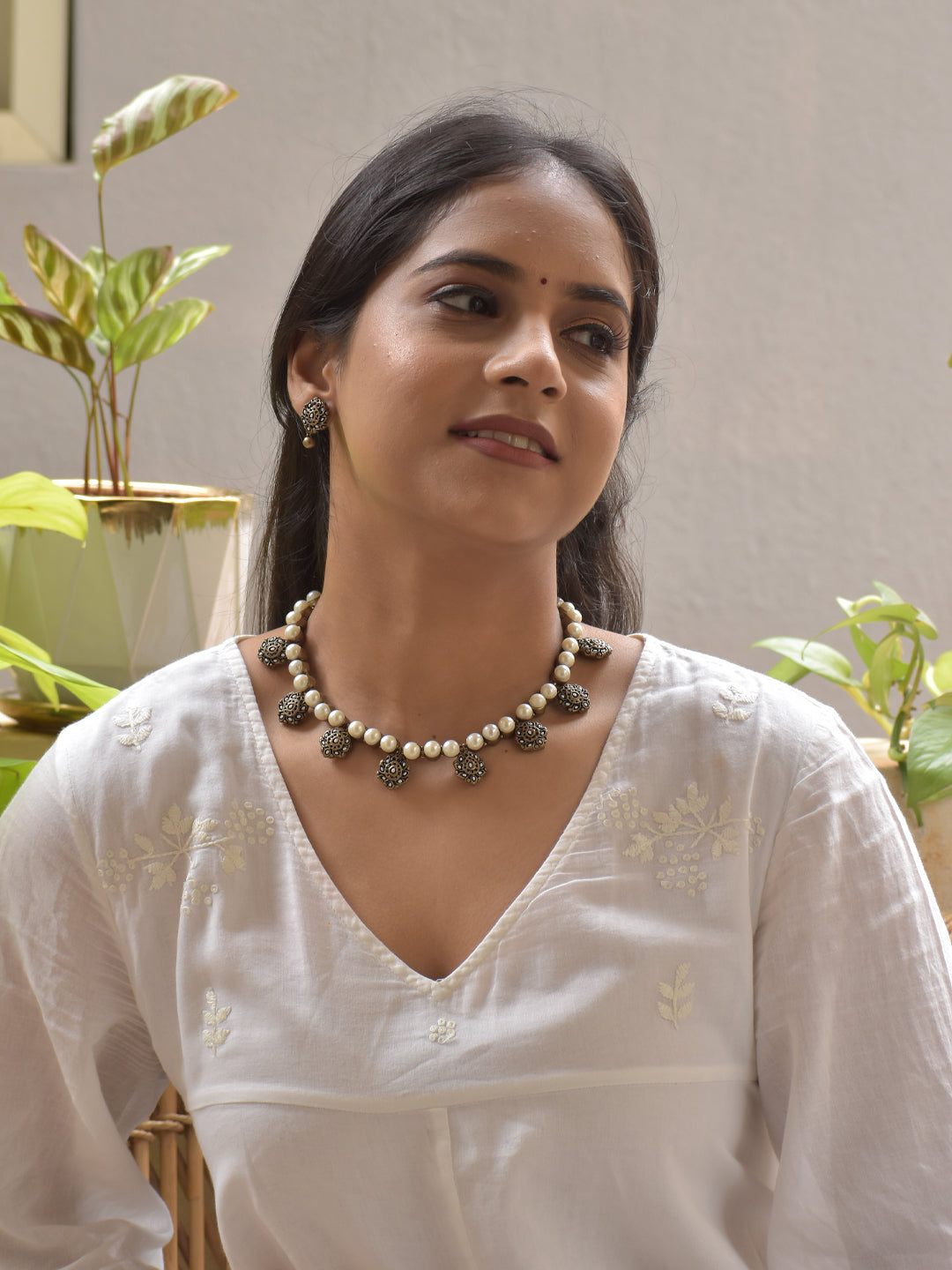 Terracotta Pearl Drop Necklace Set with Antique Gold Floral Embellishments Stud Earrings