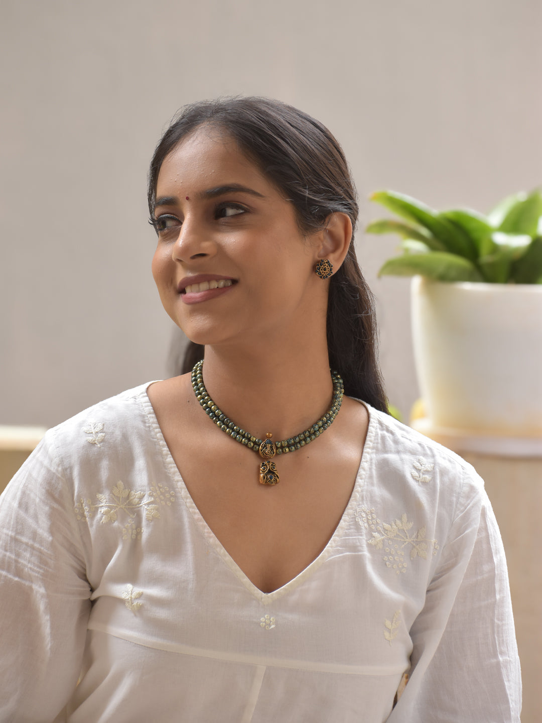 Terracotta Ganesha Motifs Necklace Set with Dual-Layer Beads and Etched Antique Pendant Stud Earrings