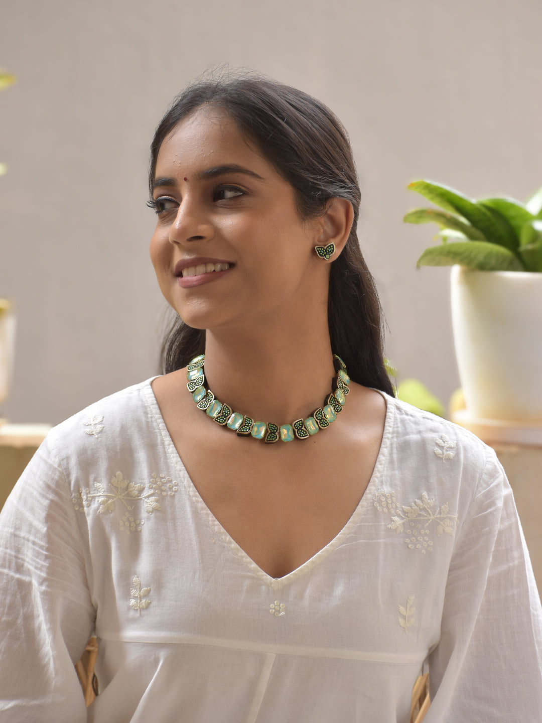 Terracotta Green Leaf and Crystal Necklace Set with Matching Studs Earrings