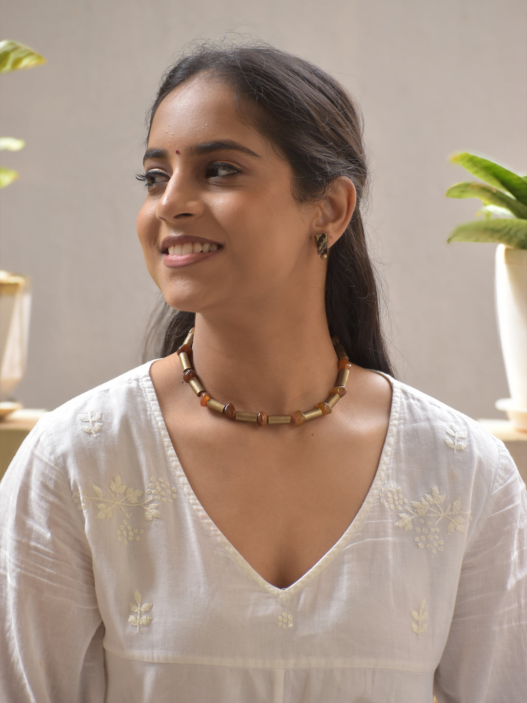 Terracotta Earth-Toned Tube Bead Necklace Set with Rustic Charm