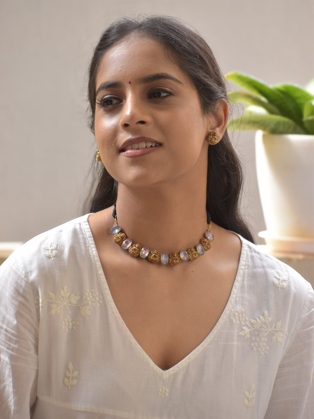 Opalite Shine Terracotta Lakshmi Motfis Necklace Set with Golden Filigree Beads Stud Earrings