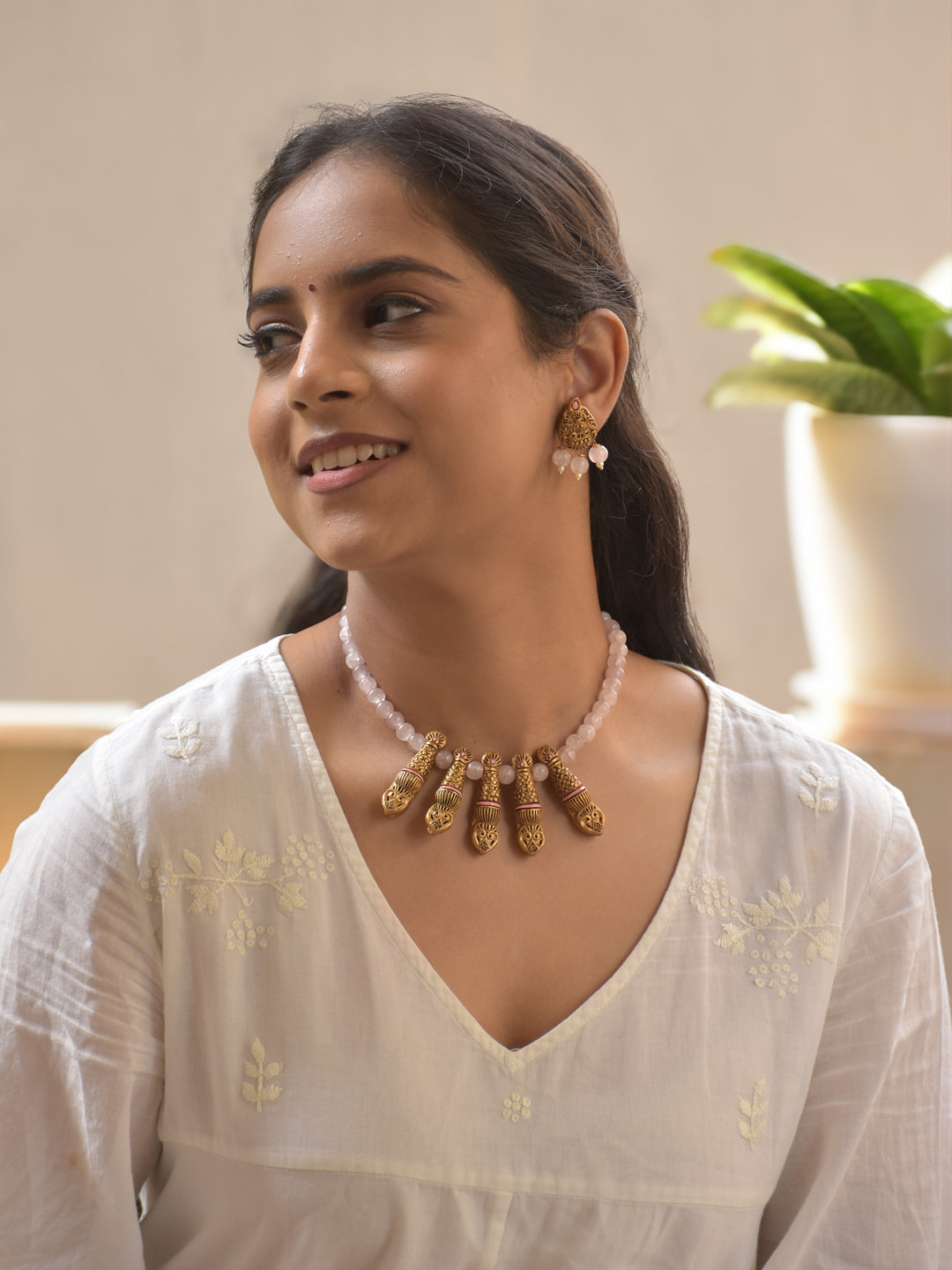 Antique Terracotta Necklace Set with Floral Totem Drops and Rose Pink Beads Stud Earrings