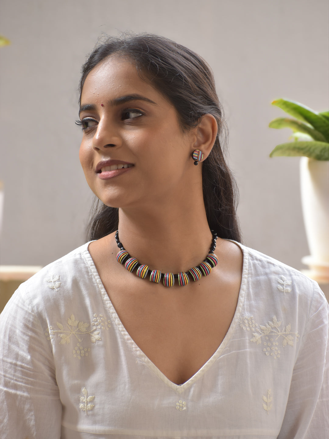 Color Stripe Terracotta Beaded Necklace Set with Black Accents Stud Earrings