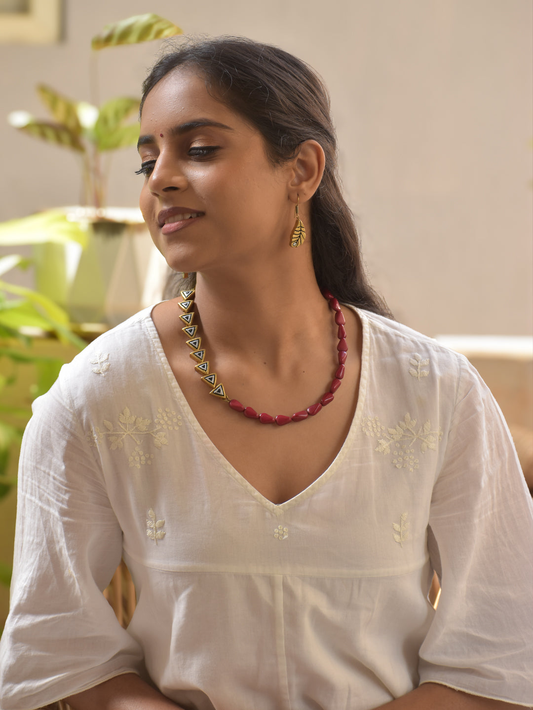 Tribal Geometry & Leaf Terracotta Necklace Set – Red Beads with Triangle Motif and Matching Earrings