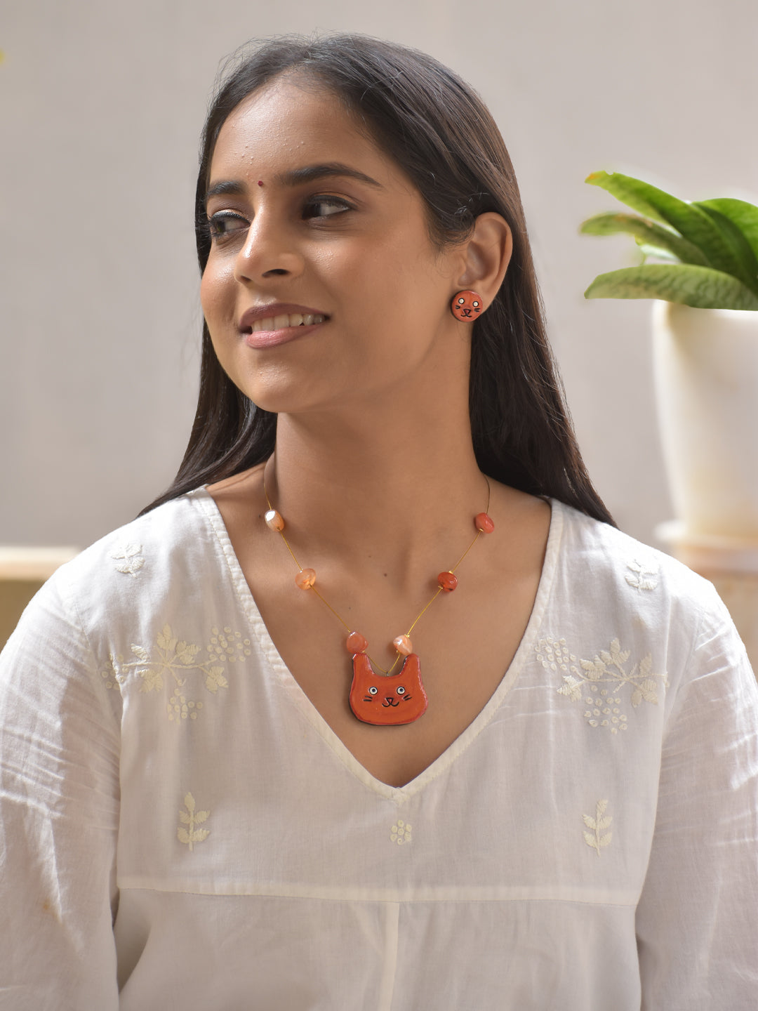 Terracotta Playful Orange Cat Face Necklace Set with Quirky Earrings