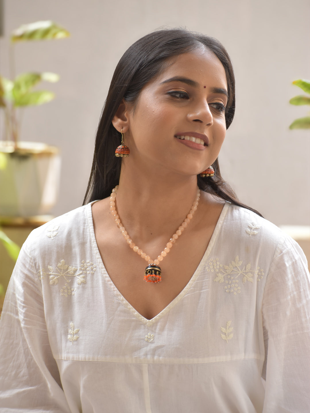 Glass Beaded Necklace Set with Terracotta Dome Pendant and Orange Accents Drop Earrings