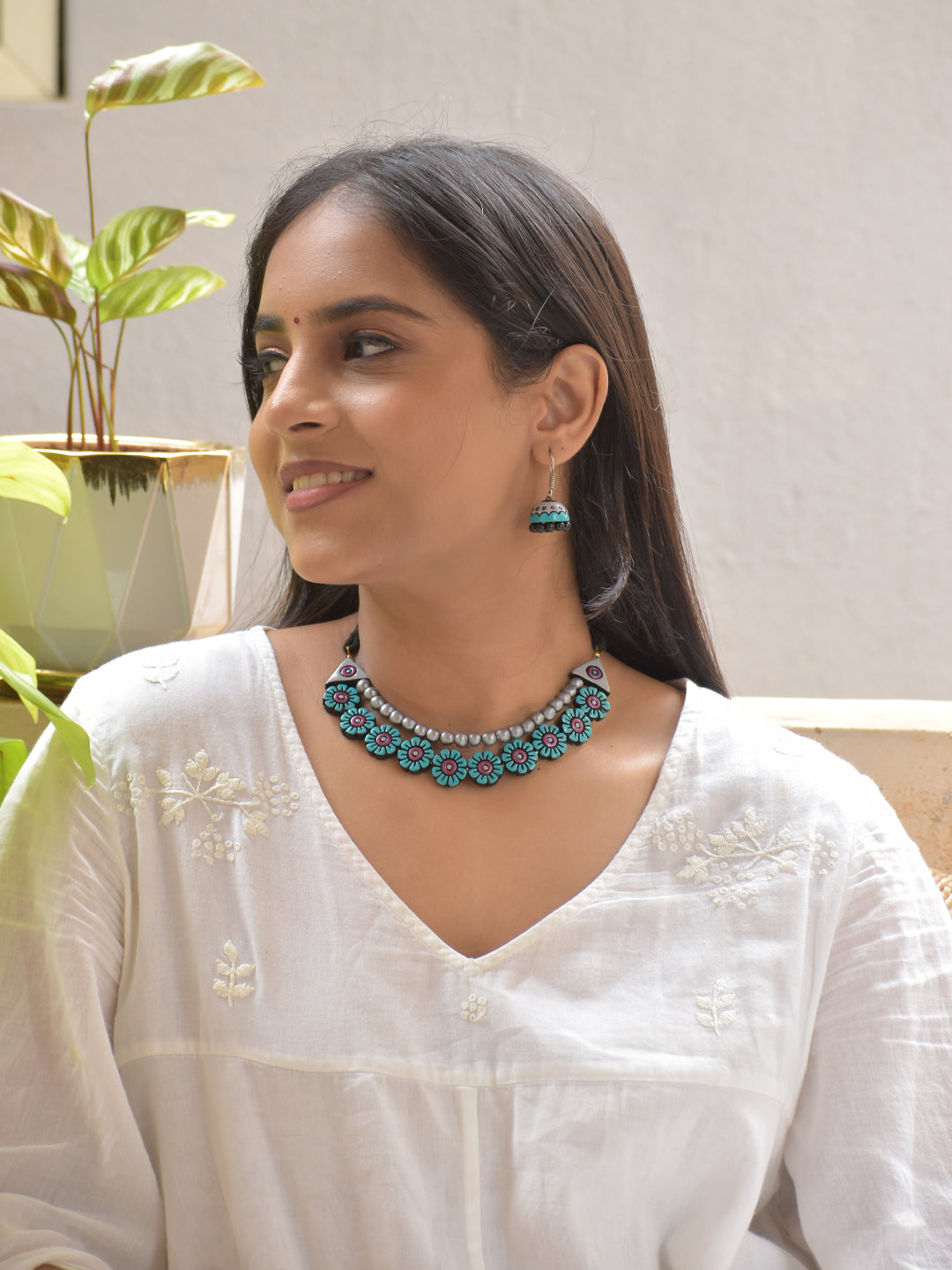 Handcrafted Terracotta Floral Bead Necklace Set – Blue Red & Silver Accents Earrings