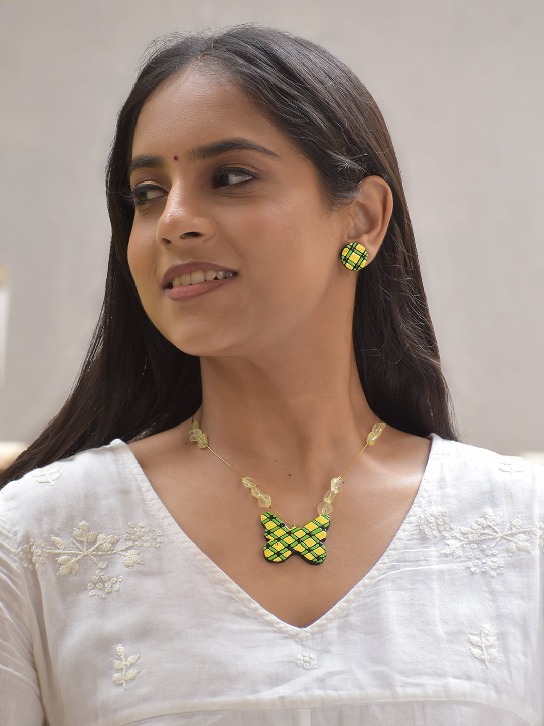 Terracotta Butterfly Pendant Necklace Set with Yellow Checkered Design Stud Earrings