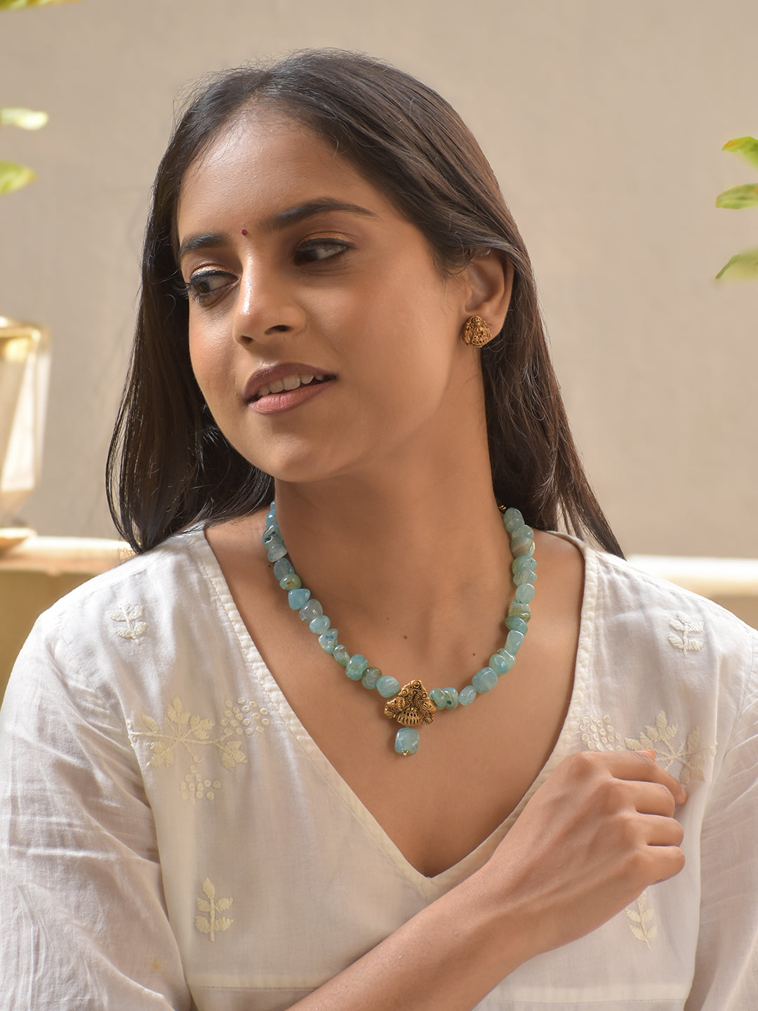 Twin Peacock Terracotta Necklace Set with Lakshmi Pendant Stud Earrings – Aqua Blue Beads