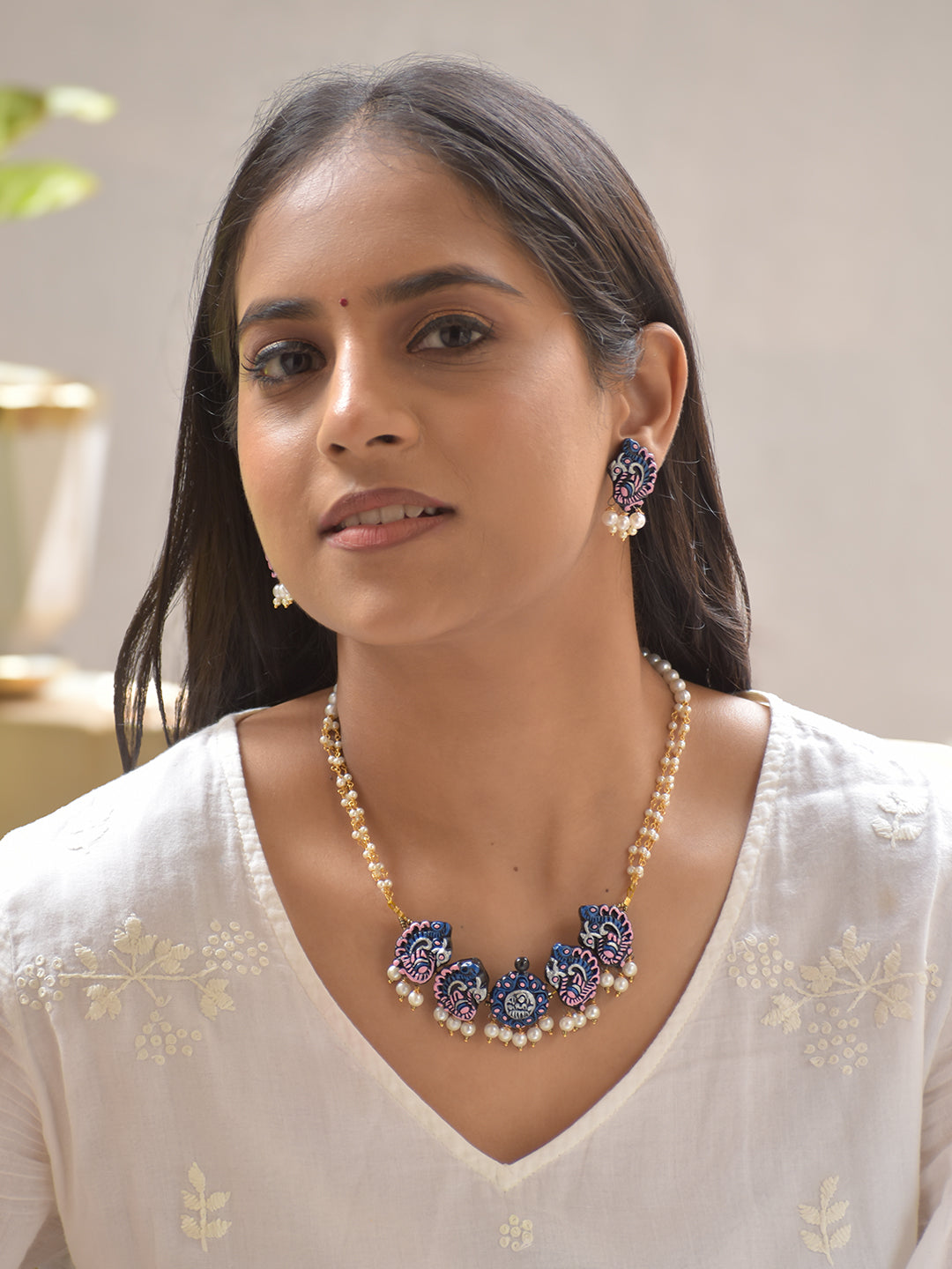 Terracotta Pink & Blue Peacock Motif Necklace Set with Pearls Stud Earrings