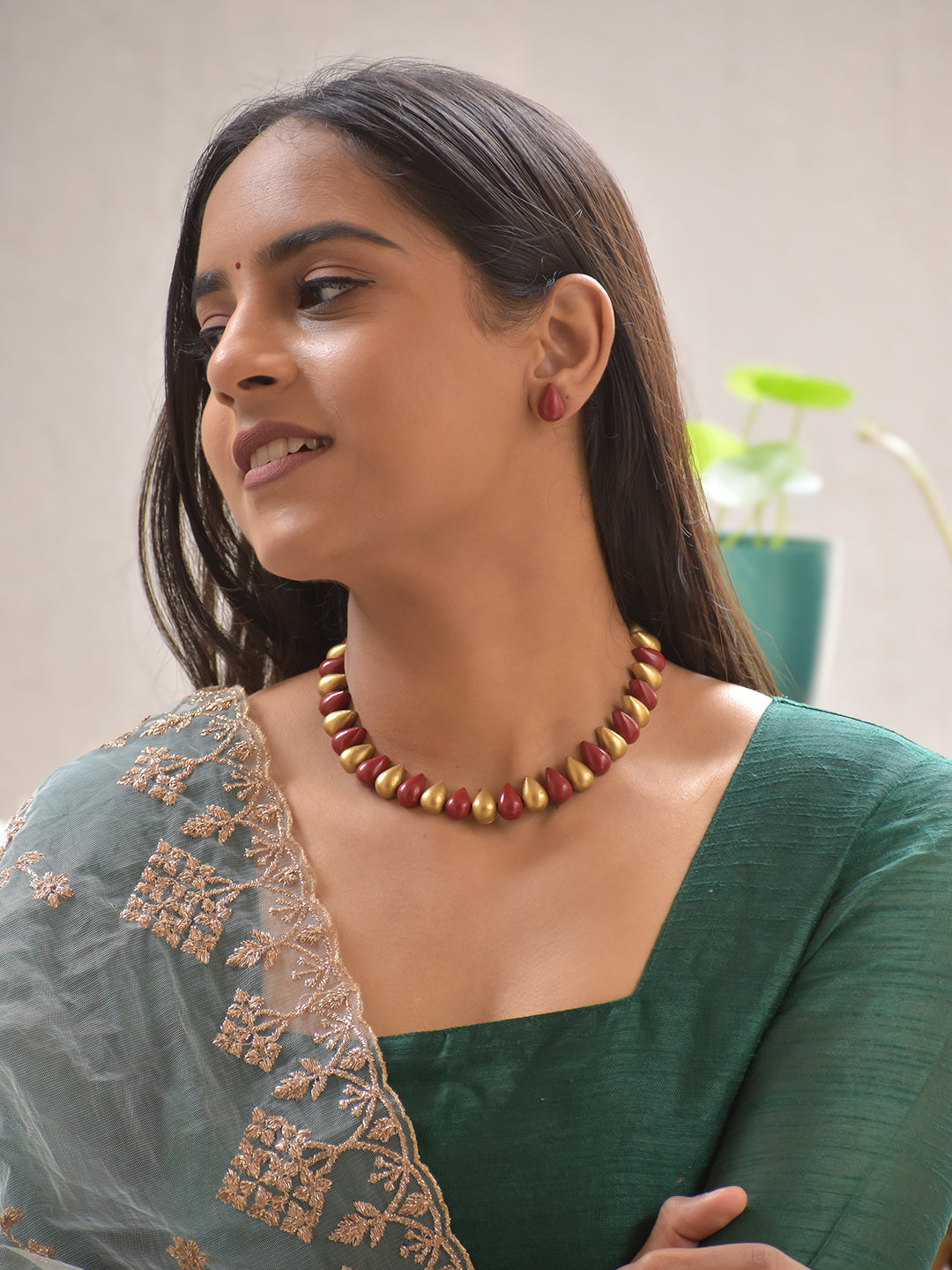 Terracotta Red & Gold Teardrop Bead Necklace Set