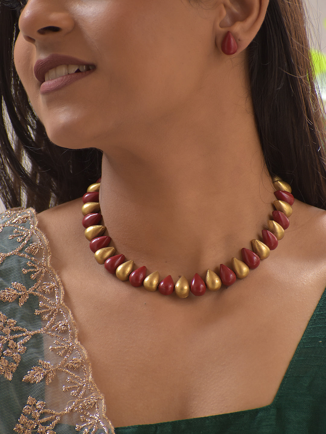 Terracotta Red & Gold Teardrop Bead Necklace Set