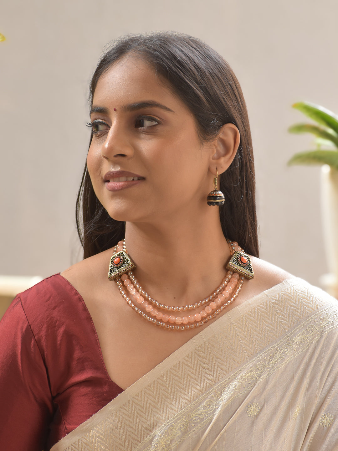 Geometric Terracotta Pendant Set with Glossy Amber Beads Drop Earrings