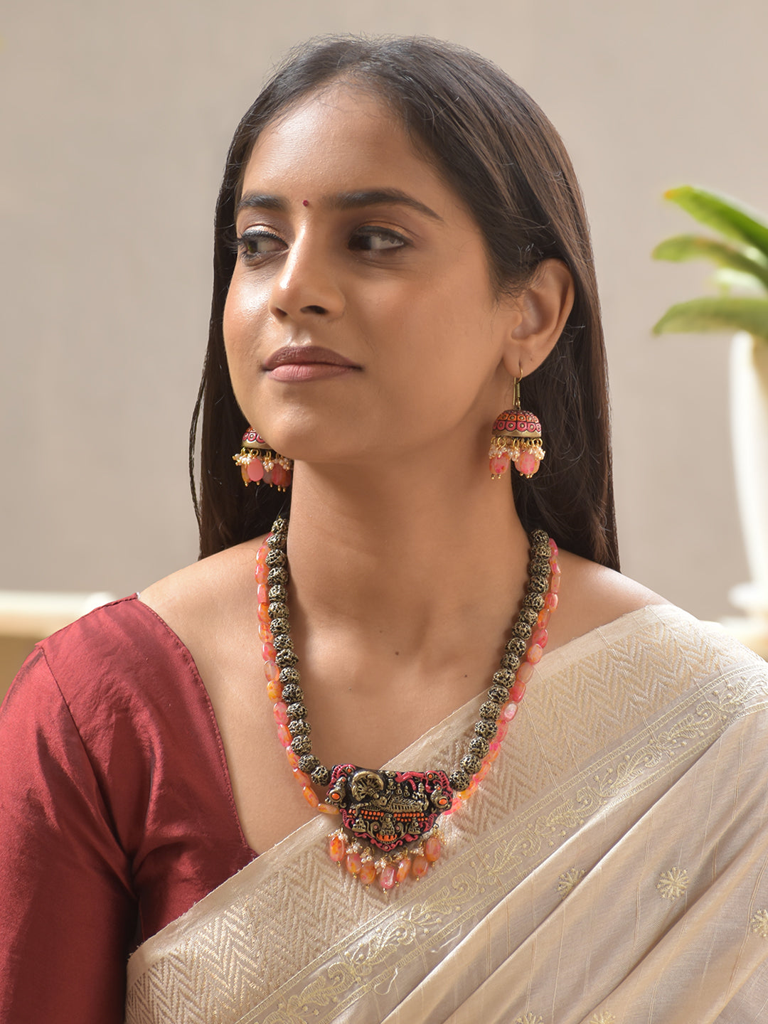 Divine Lord Vishnu Terracotta Necklace Set with Ethnic Beaded Accents – Black & Orange Earrings