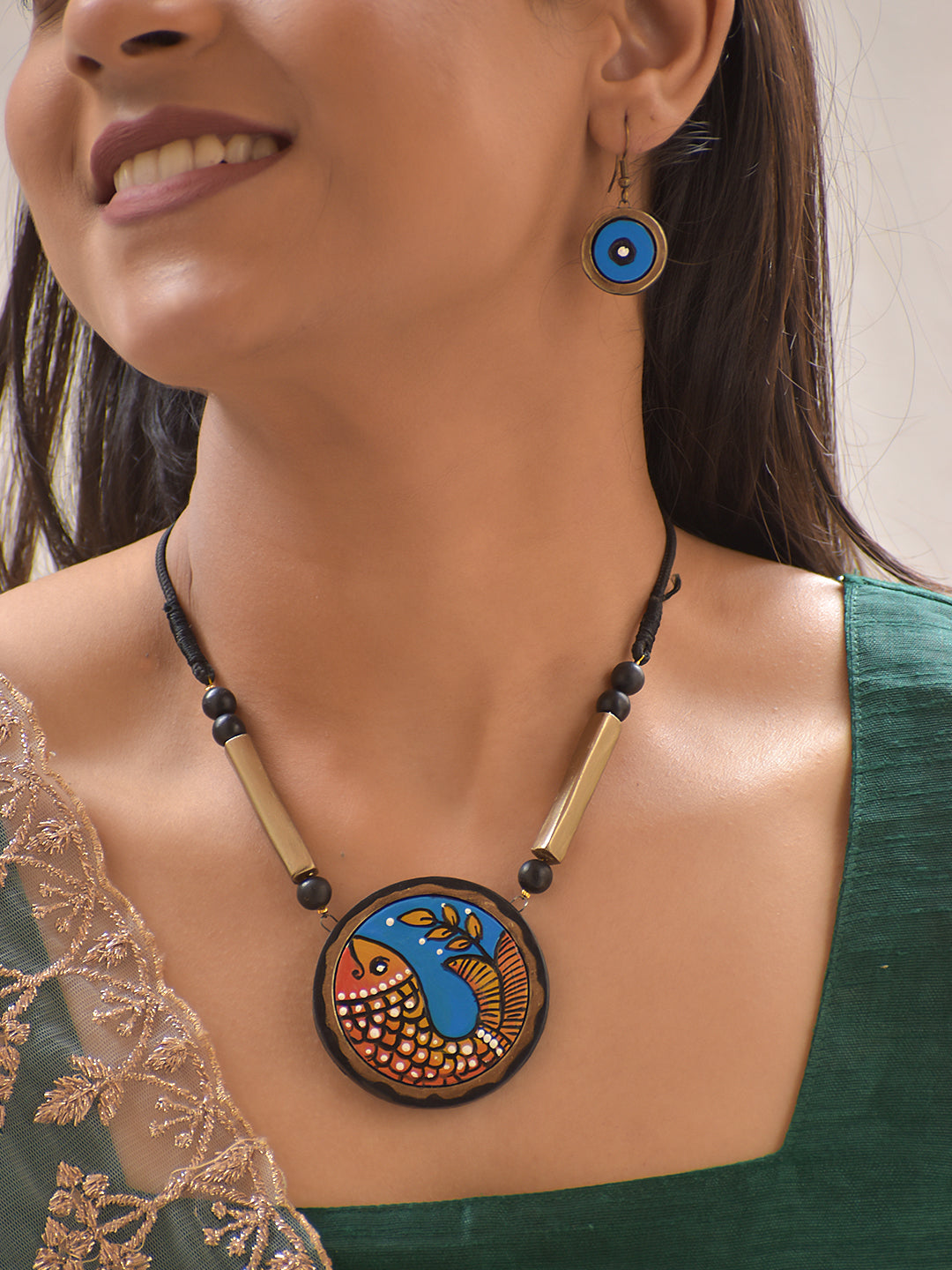 Terracotta Handpainted Fish Motif Pendant Necklace Set