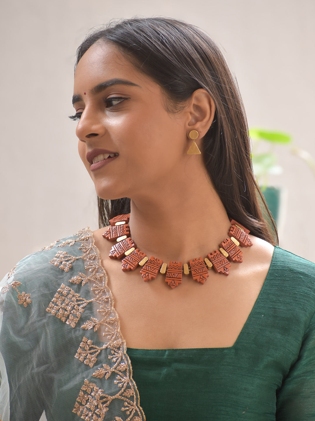 Terra Tribe ⭐ — Terracotta Tribal Etched Necklace with Geometric Beads