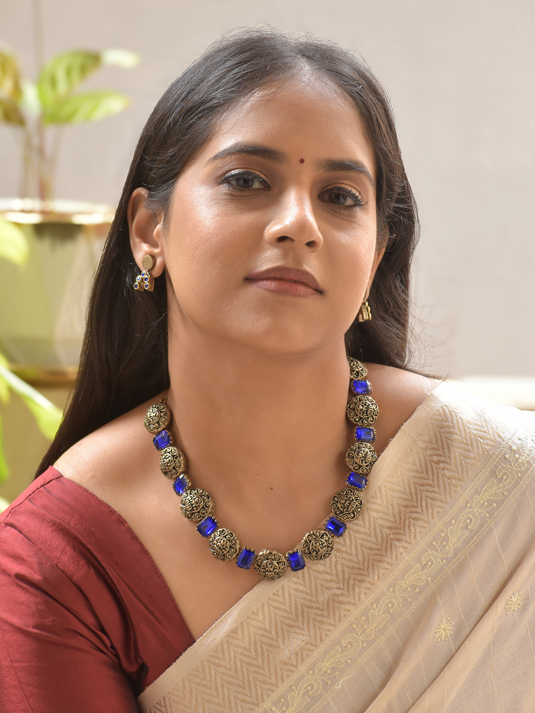 Regal Blue Lakshmi Motifs Terracotta Necklace Set with Antique Gold Carvings – Bold & Elegant Stud Earrings