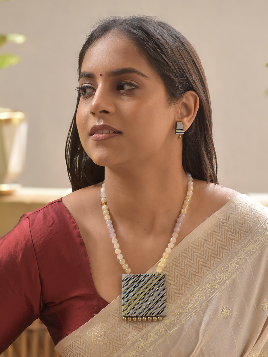 Pastel Prism Terracotta Necklace Set with Striped Square Pendant – Contemporary Chic Stud Earrings