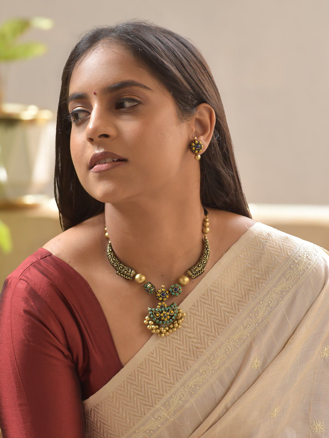 Bluvara - Blue Bloom Antique Gold Terracotta Necklace Set With Stud Earrings