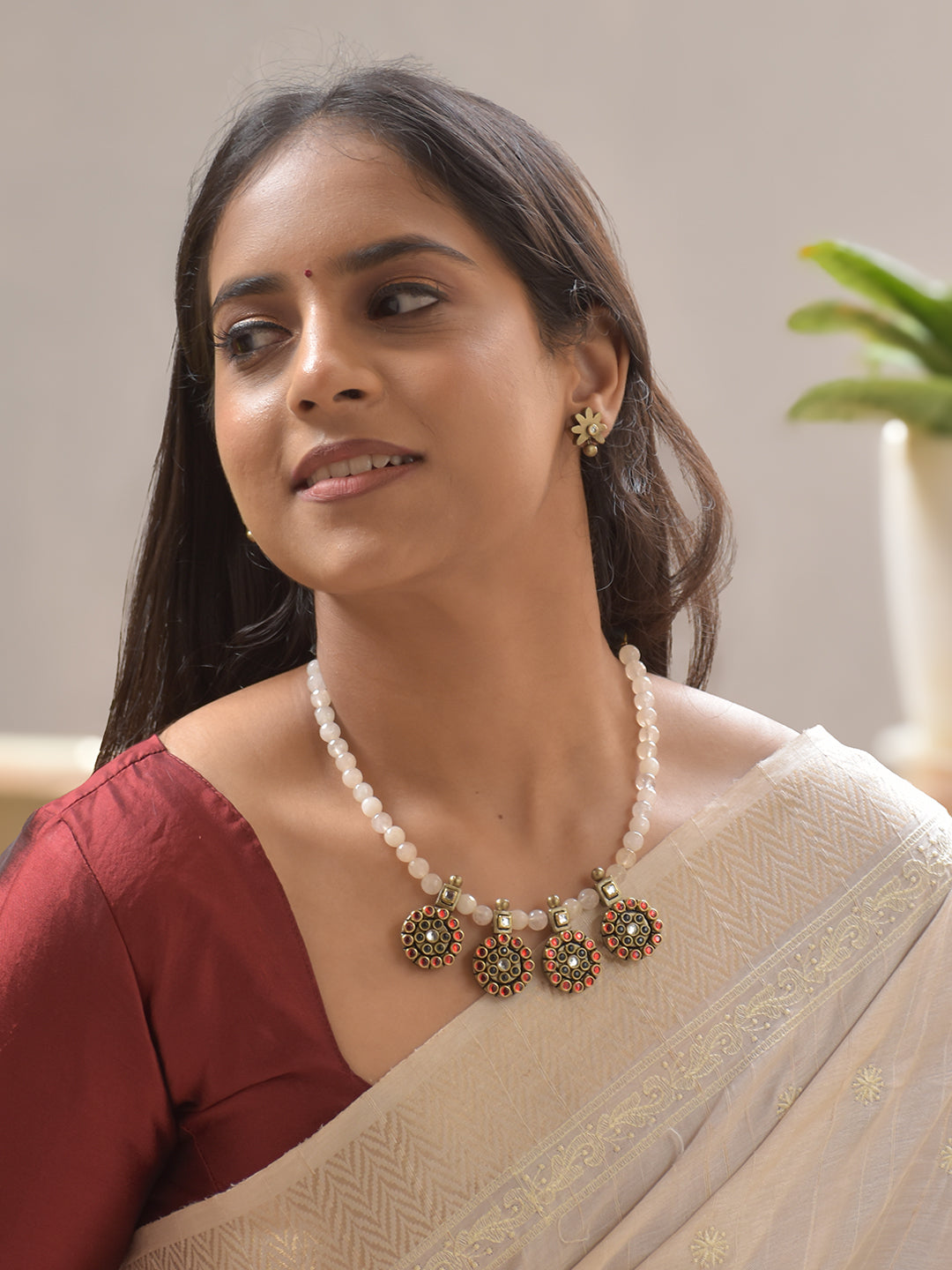 Royal Medallion Terracotta Necklace Set with Red Kundan Accents – Pearl White Beads and Star Shaped Stud Earrings