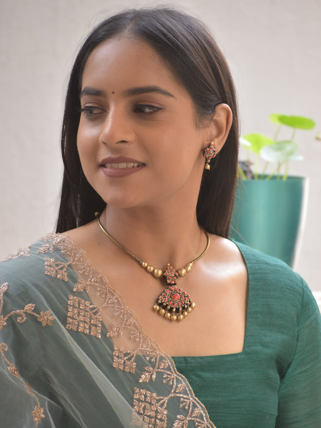 Terracotta Antique Gold Necklace Set with Red Stone Design Pendant & Pearl Drops